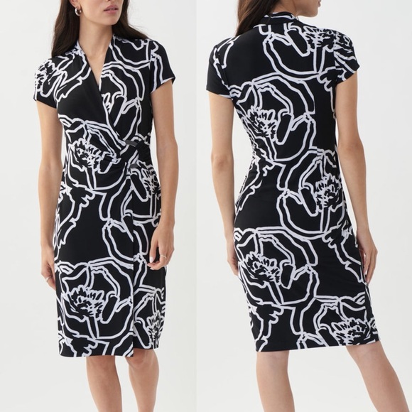 Joseph Ribkoff 8 Black Vanilla Floral Print Mock Wrap Sheath Dress - Picture 1 of 7